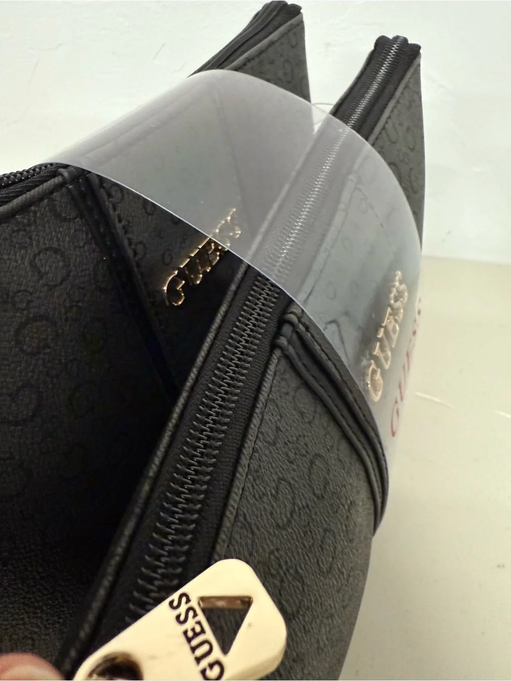 Guess Embossed Cosmetic Pouch Bag 2 pcs Set Full Zipper Black With Print logo